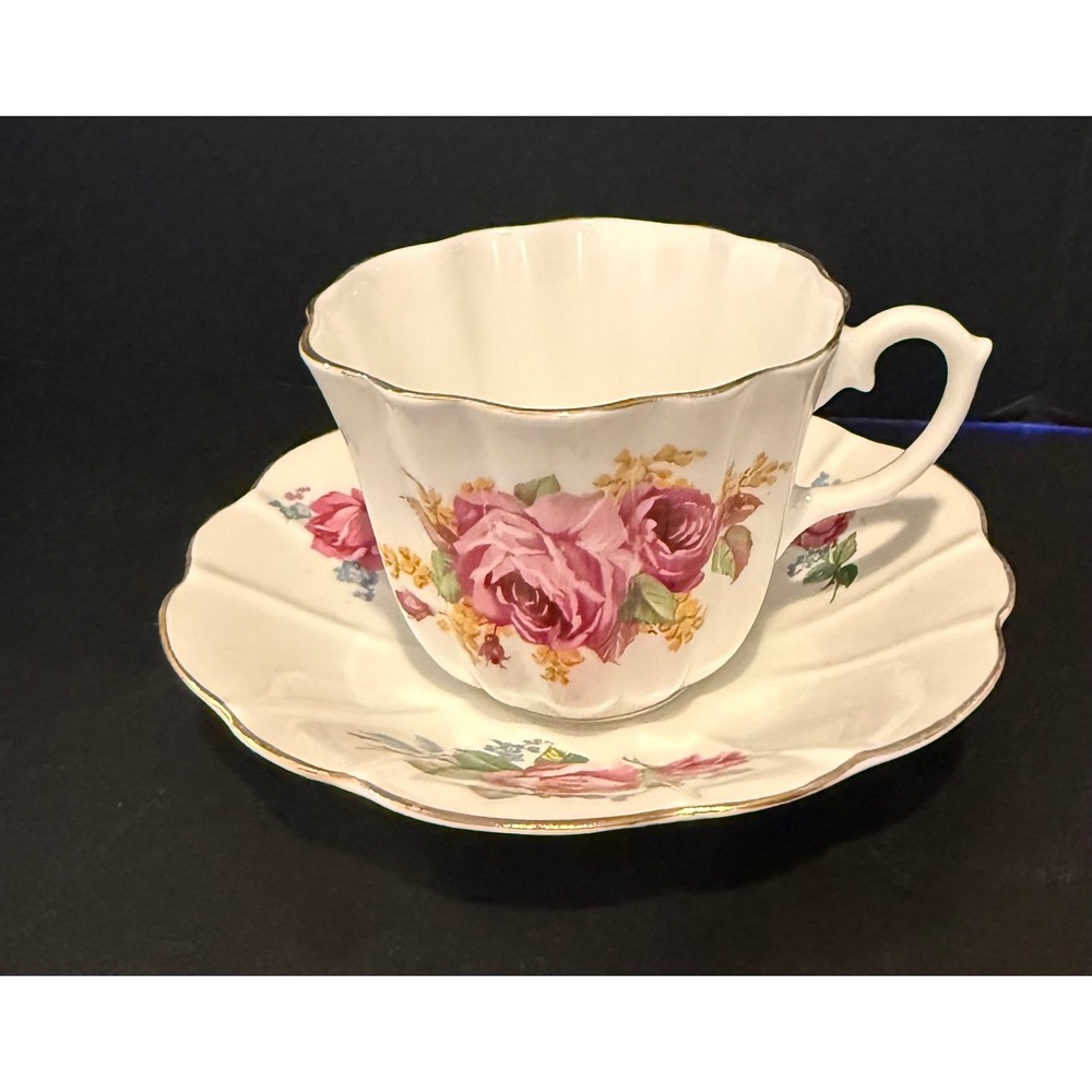 Royal Stuart Teacup Saucer Set White Pink Rose Floral Gold Trim Bone China